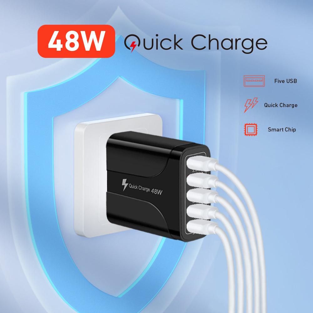 PBG 5 Port Wall Charger in black and white, featuring five charging ports for simultaneous device charging.