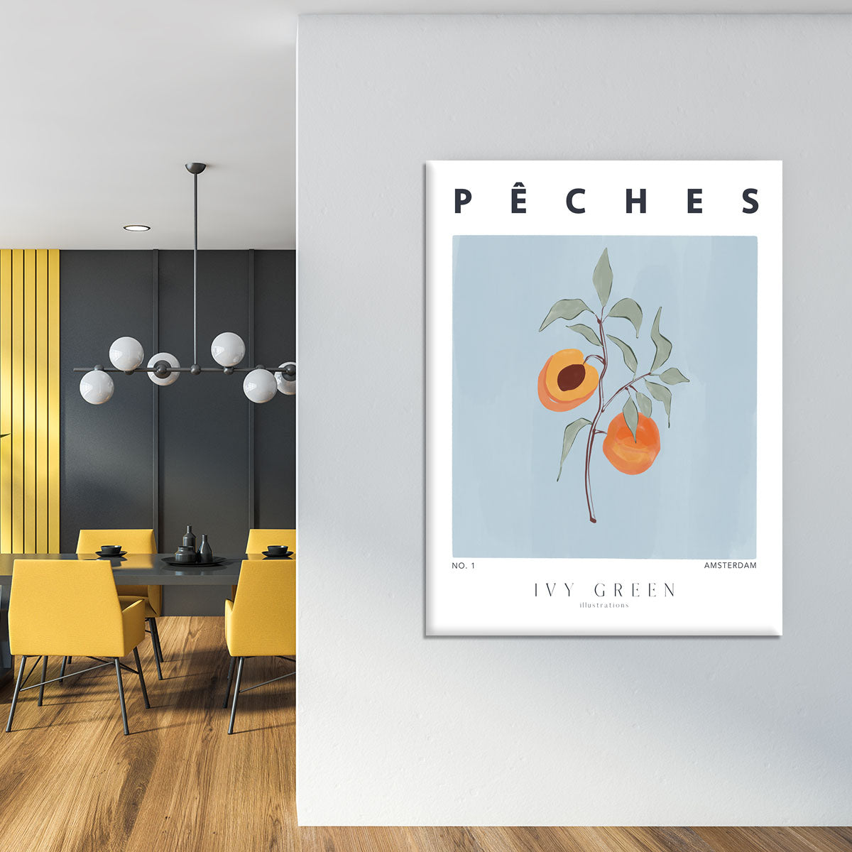 A vibrant canvas print featuring ripe peaches on a soft background, perfect for home decor.