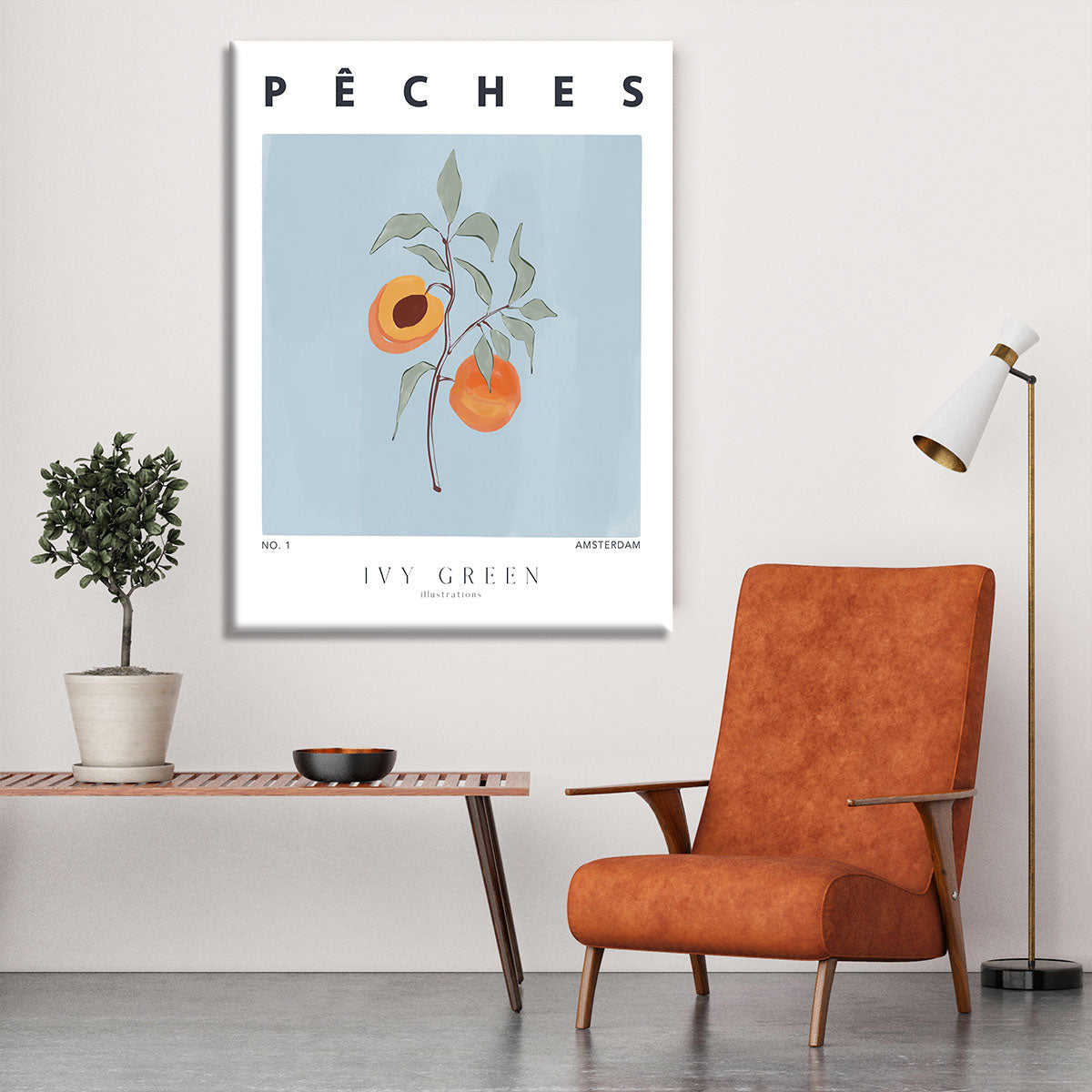 A vibrant canvas print featuring ripe peaches on a soft background, perfect for home decor.