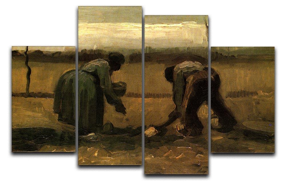 A 4-split canvas artwork featuring Van Gogh's Peasant and Peasant Woman Planting Potatoes, showcasing vibrant colors and dynamic composition.