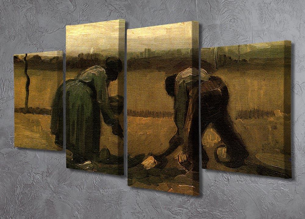 A 4-split canvas artwork featuring Van Gogh's Peasant and Peasant Woman Planting Potatoes, showcasing vibrant colors and dynamic composition.