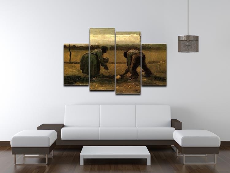 A 4-split canvas artwork featuring Van Gogh's Peasant and Peasant Woman Planting Potatoes, showcasing vibrant colors and dynamic composition.