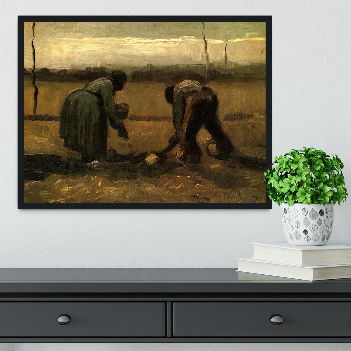 Framed print of Van Gogh's Peasant and Peasant Woman Planting Potatoes, showcasing vibrant colors and intricate details.