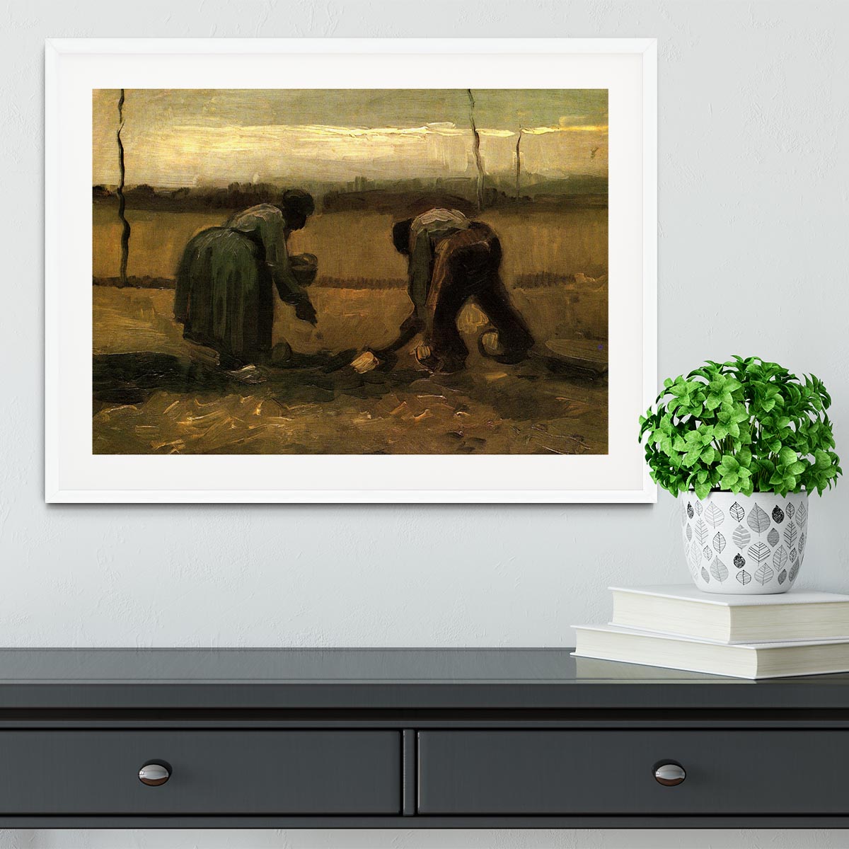 Framed print of Van Gogh's Peasant and Peasant Woman Planting Potatoes, showcasing vibrant colors and intricate details.