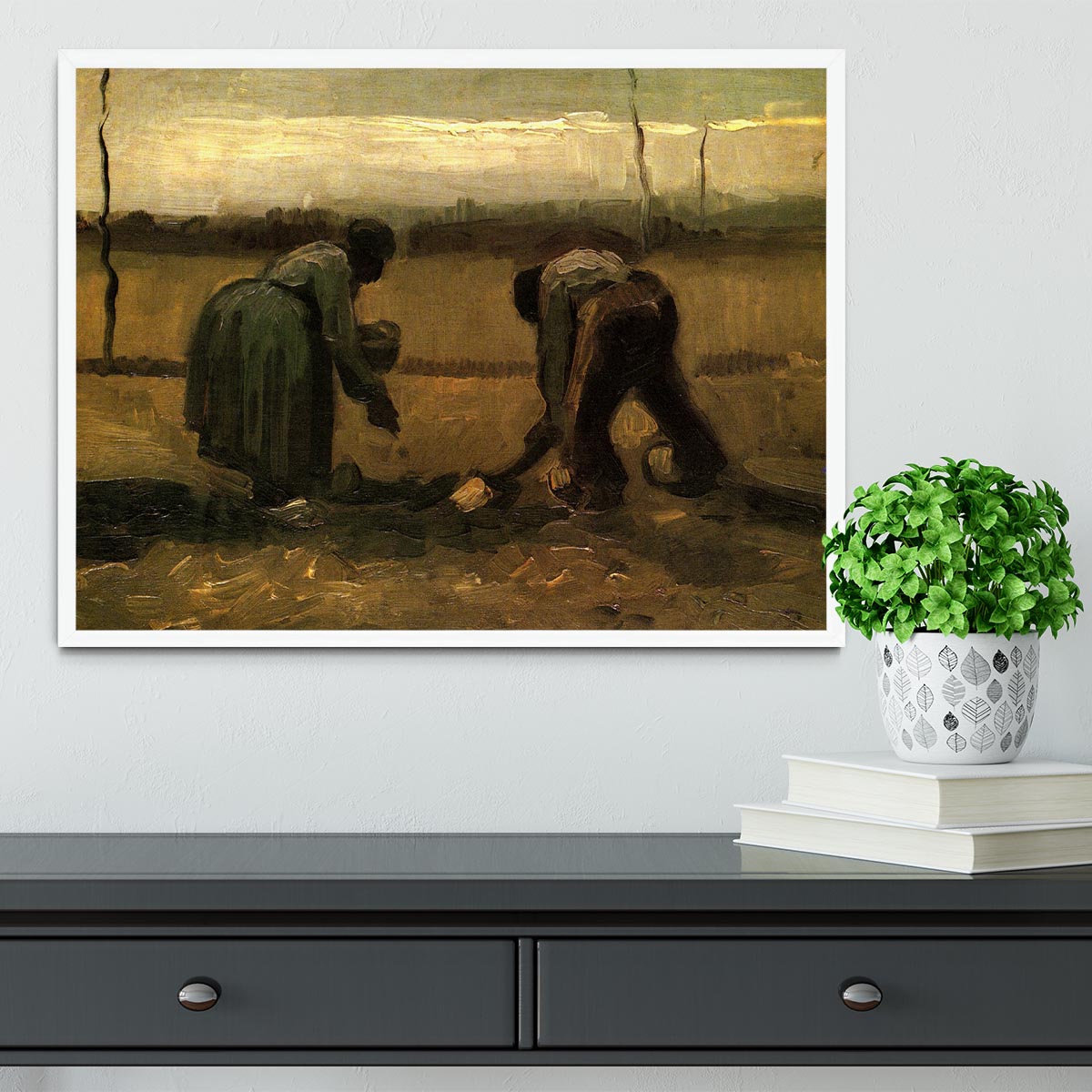 Framed print of Van Gogh's Peasant and Peasant Woman Planting Potatoes, showcasing vibrant colors and intricate details.