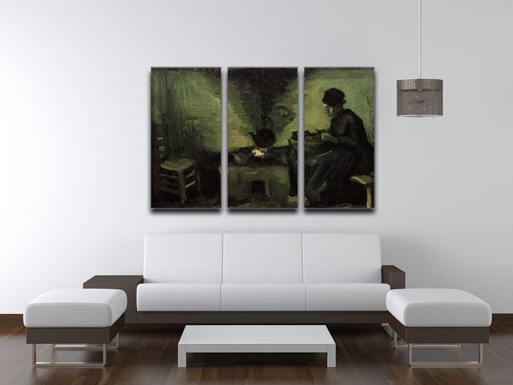 Three-panel canvas print of Van Gogh's Peasant Woman by the Fireplace, showcasing vibrant colors and intricate details.