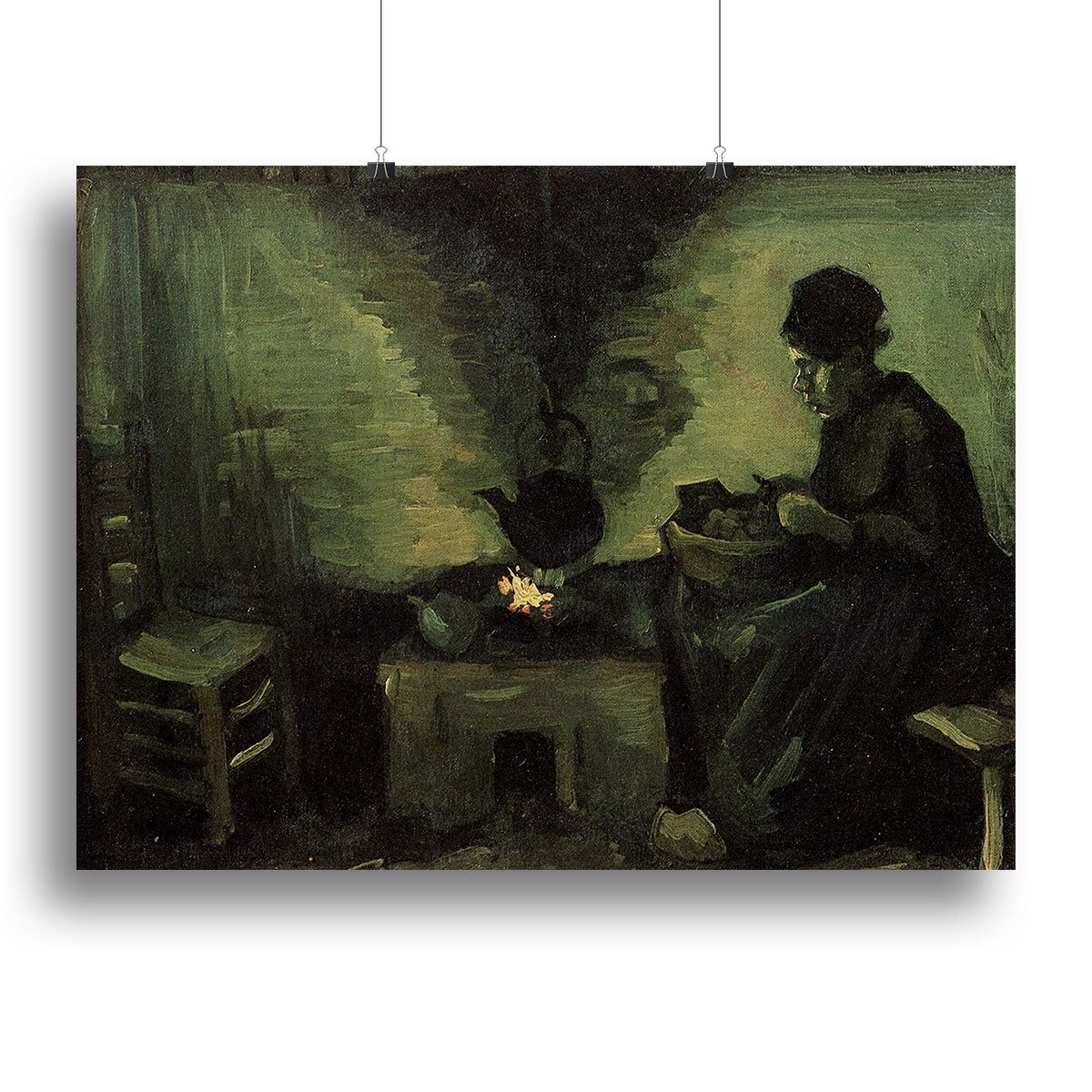 Canvas print of Van Gogh's Peasant Woman by the Fireplace, showcasing vibrant colors and expressive brushstrokes.