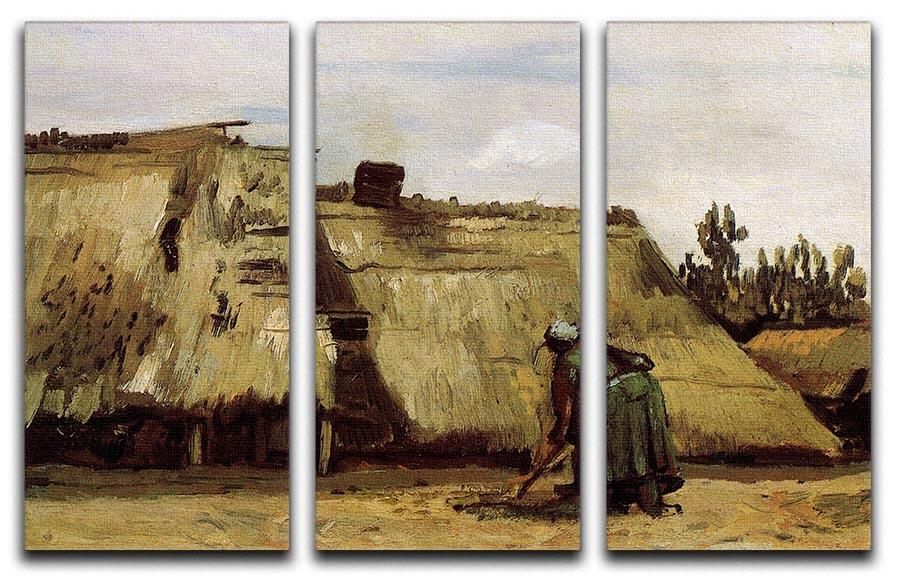 Three-panel canvas art featuring Van Gogh's Peasant Woman Digging in Front of Her Cottage, showcasing vibrant colors and intricate details.