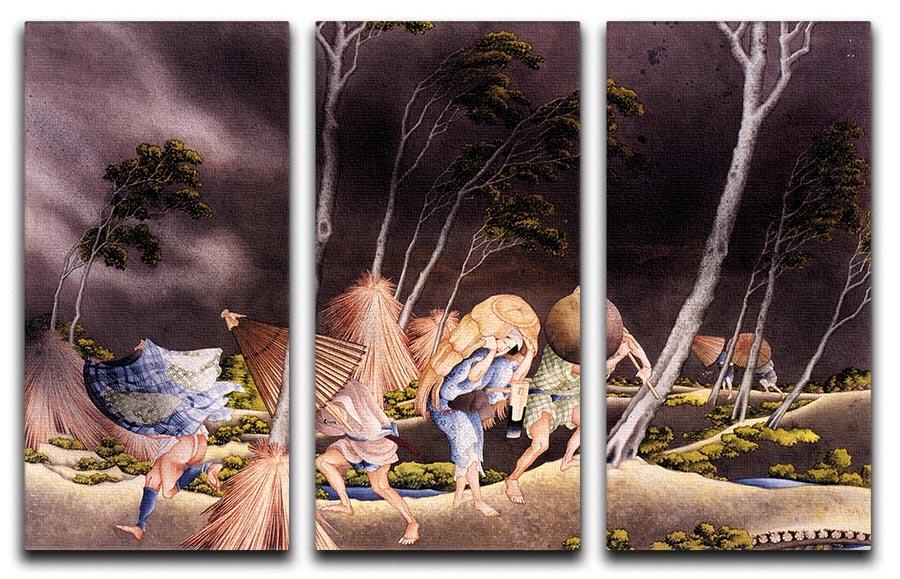 Three-panel canvas art depicting Hokusai's Peasants Surprised by a Violent Storm, showcasing vibrant colors and dynamic composition.