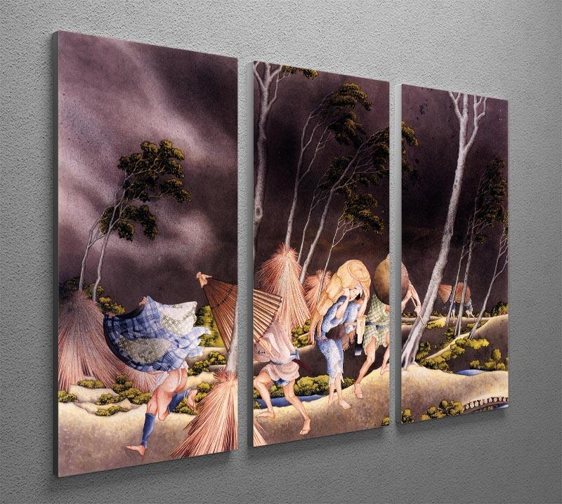 Three-panel canvas art depicting Hokusai's Peasants Surprised by a Violent Storm, showcasing vibrant colors and dynamic composition.