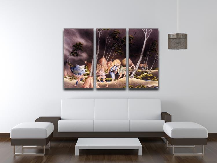 Three-panel canvas art depicting Hokusai's Peasants Surprised by a Violent Storm, showcasing vibrant colors and dynamic composition.