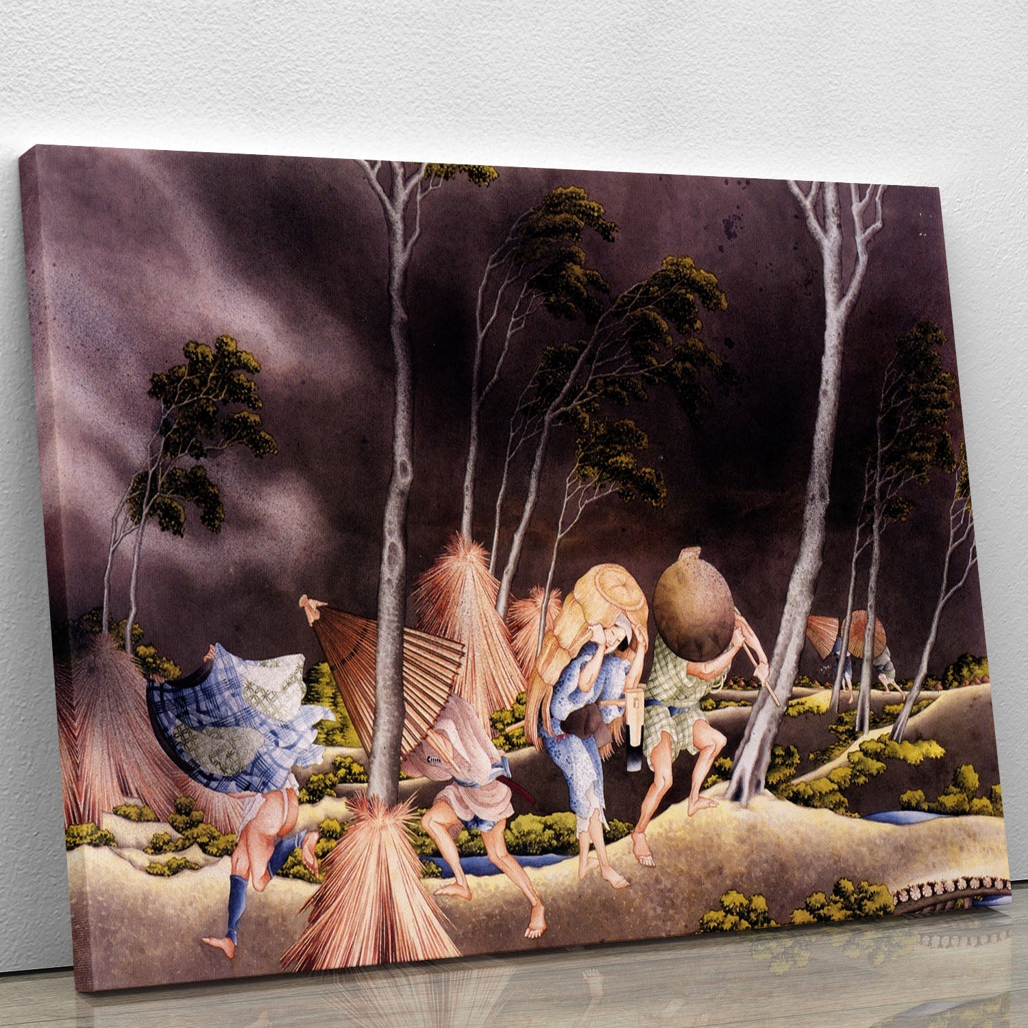 Canvas print of Hokusai's 'Peasants Surprised by a Violent Storm', showcasing vibrant colors and intricate details.