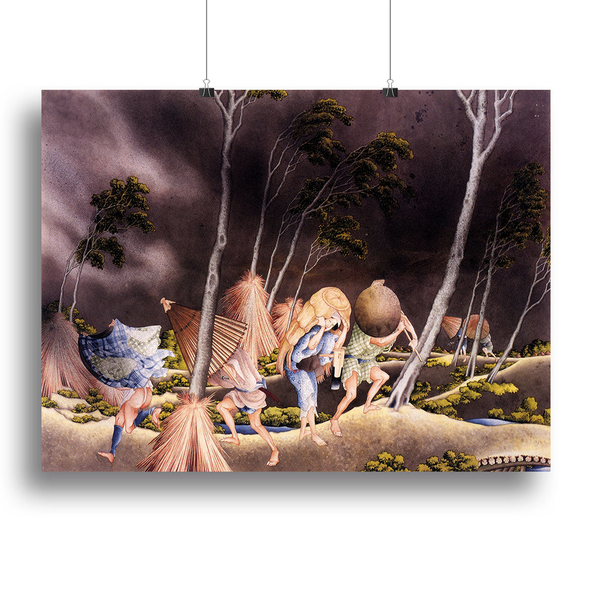 Canvas print of Hokusai's 'Peasants Surprised by a Violent Storm', showcasing vibrant colors and intricate details.