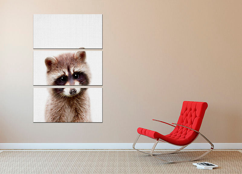 A captivating 3-panel canvas print featuring a playful raccoon, perfect for home decor.
