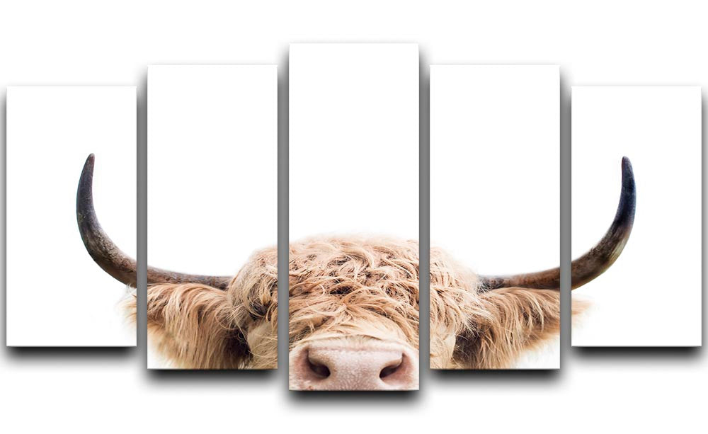 Peeking Cow 5 Split Panel Canvas artwork featuring a cow peeking through a vibrant landscape, divided into five panels.