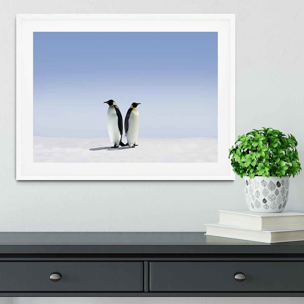 Framed print of penguins in a whimsical scene, showcasing vibrant colors and high-quality craftsmanship.