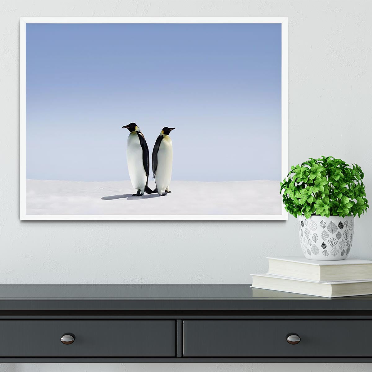 Framed print of penguins in a whimsical scene, showcasing vibrant colors and high-quality craftsmanship.