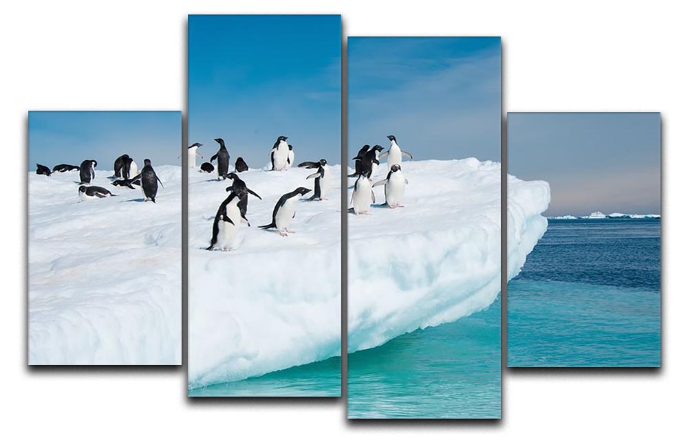 A beautiful 4-split canvas artwork featuring penguins on an iceberg, showcasing vibrant colors and intricate details.
