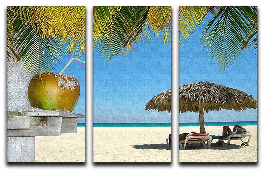 A beautiful 3-panel canvas depicting people relaxing under tropical huts surrounded by coconuts, perfect for home decor.