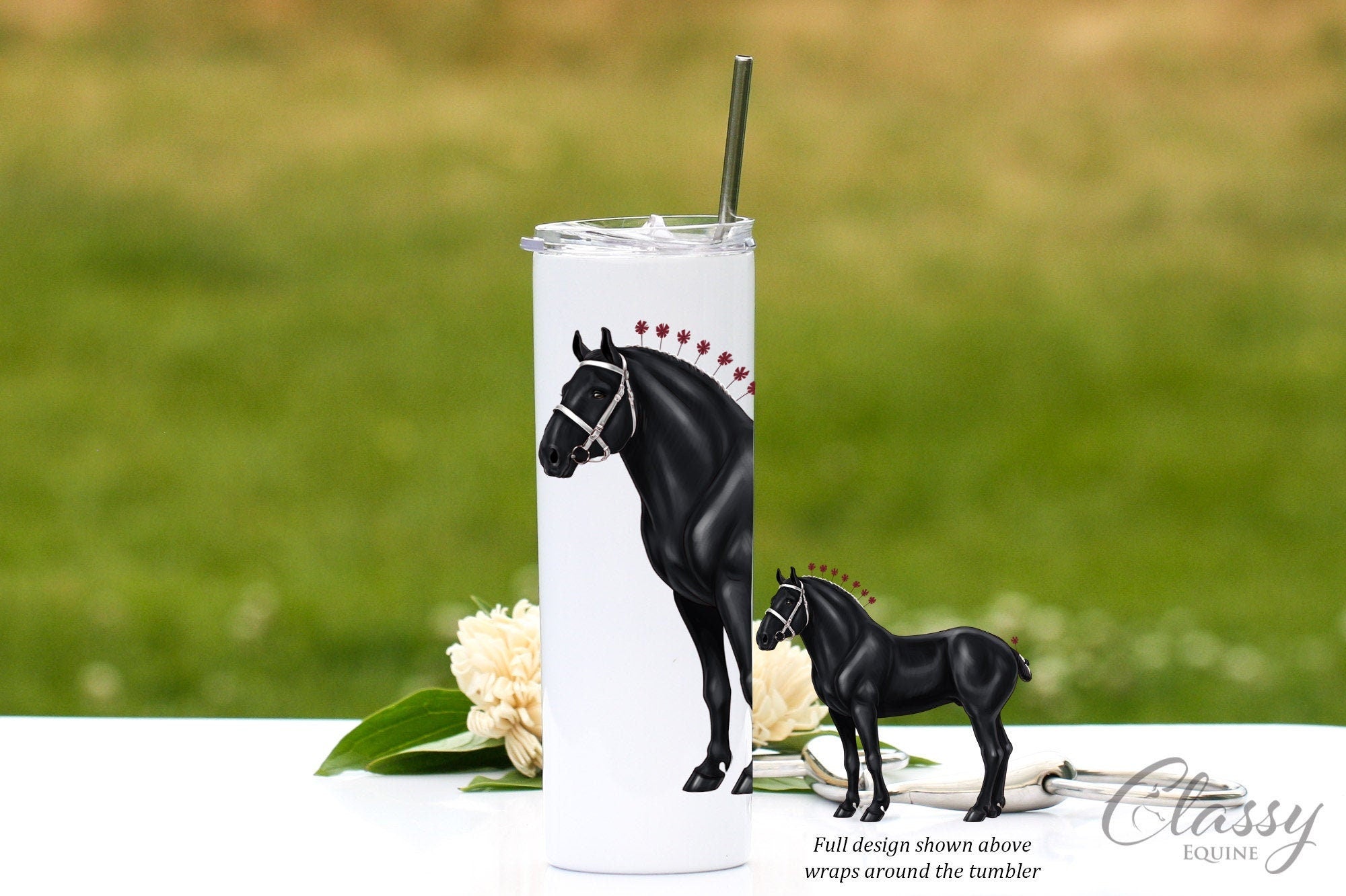 20 oz insulated stainless steel tumbler featuring a traditional Percheron horse design, perfect for horse lovers.