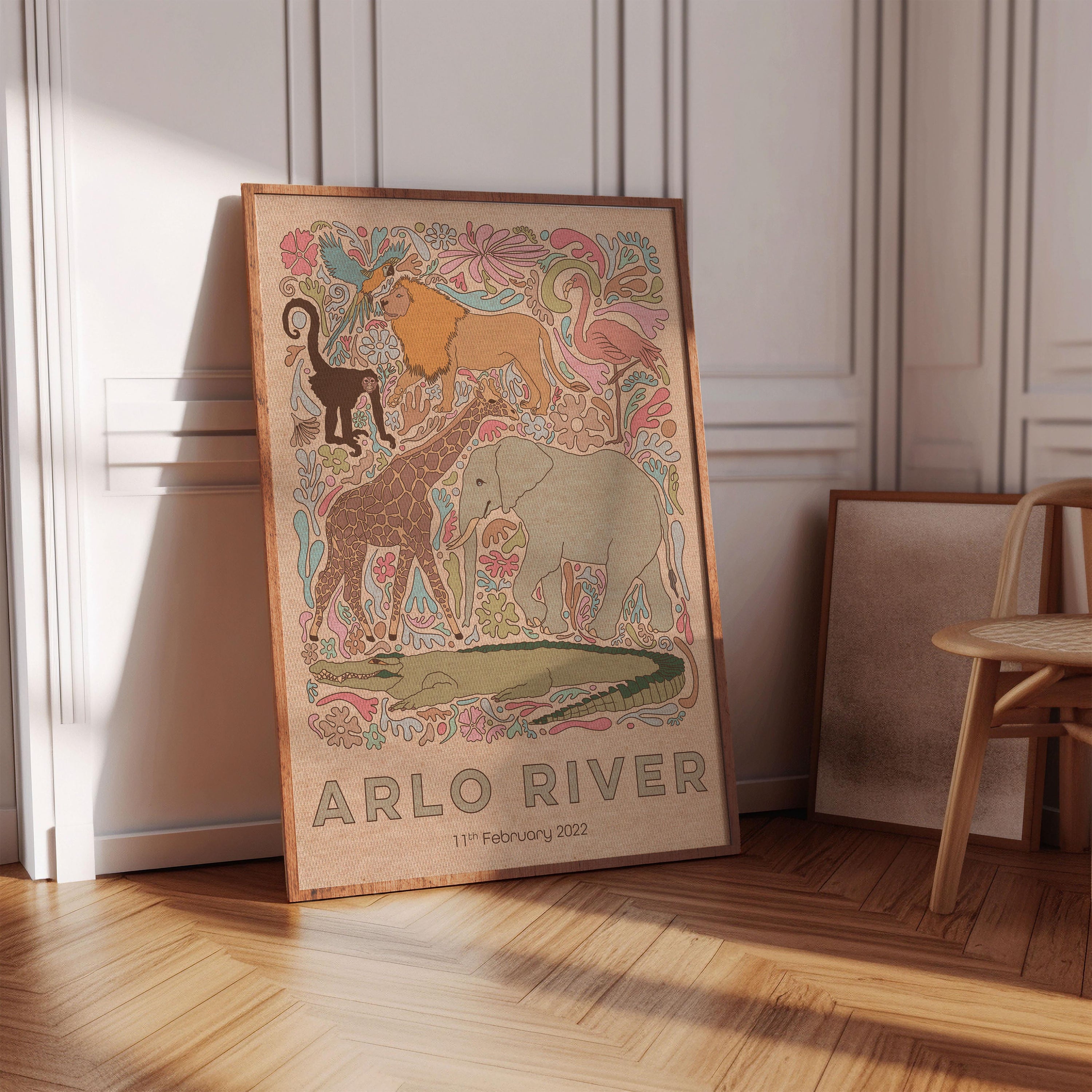 Personalised art print featuring safari animals in a boho design, ideal for nursery decor.