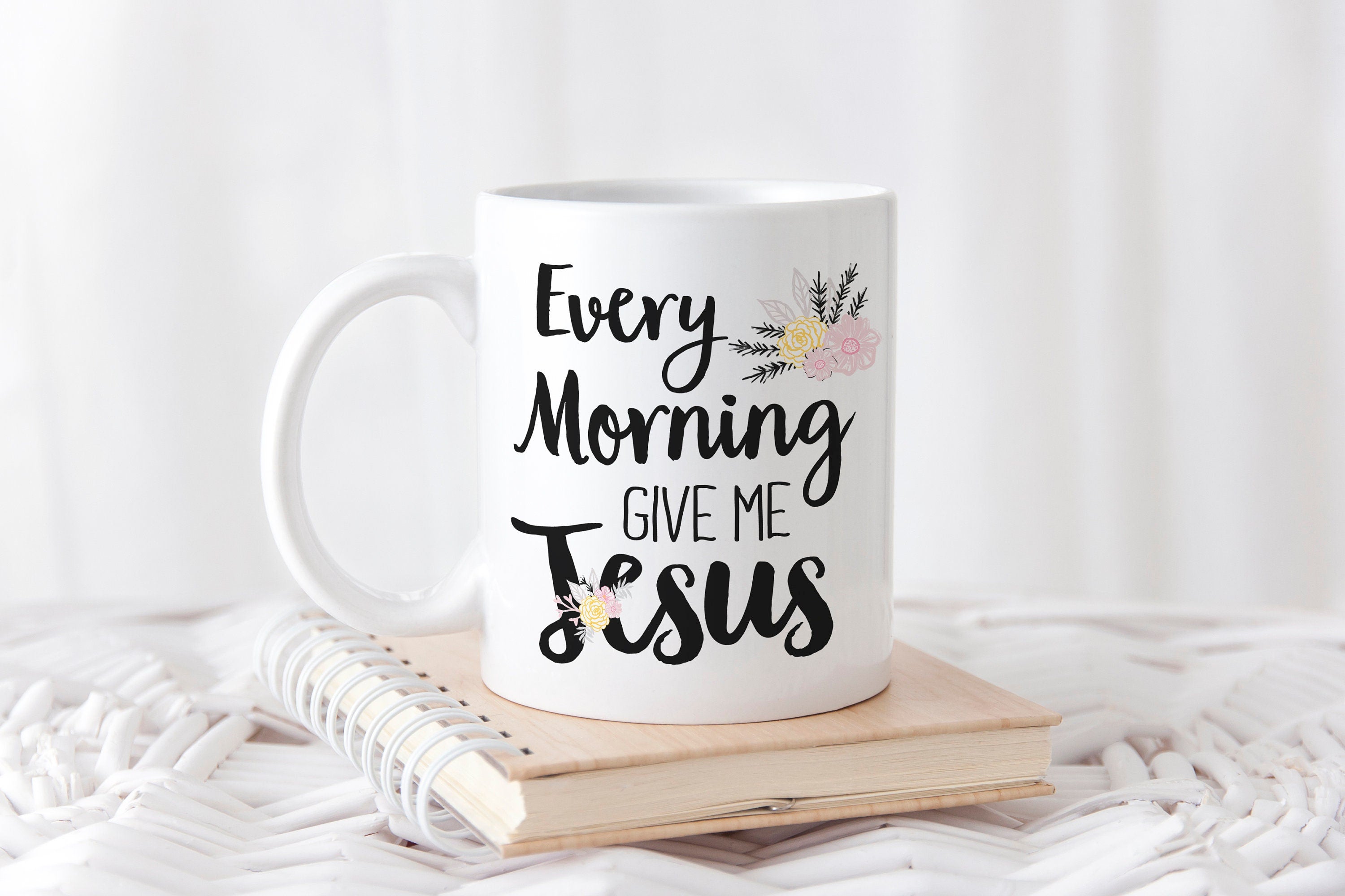 Personalized coffee mug with hand lettered design 'Every Morning Give Me Jesus', available in two sizes, 11 and 15 ounces.