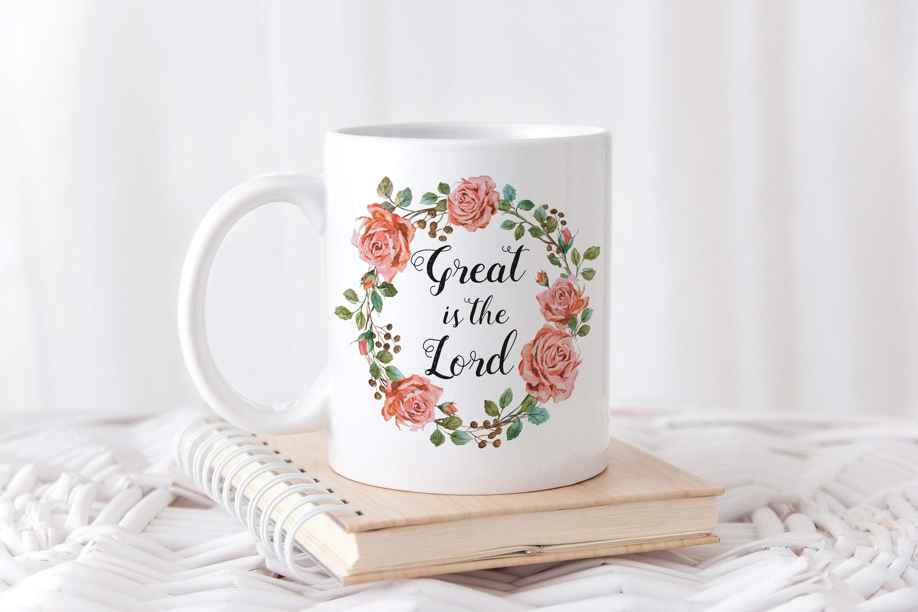 Personalized coffee mug with hand lettered design 'Great is The Lord', showcasing its vibrant print and quality ceramic material.