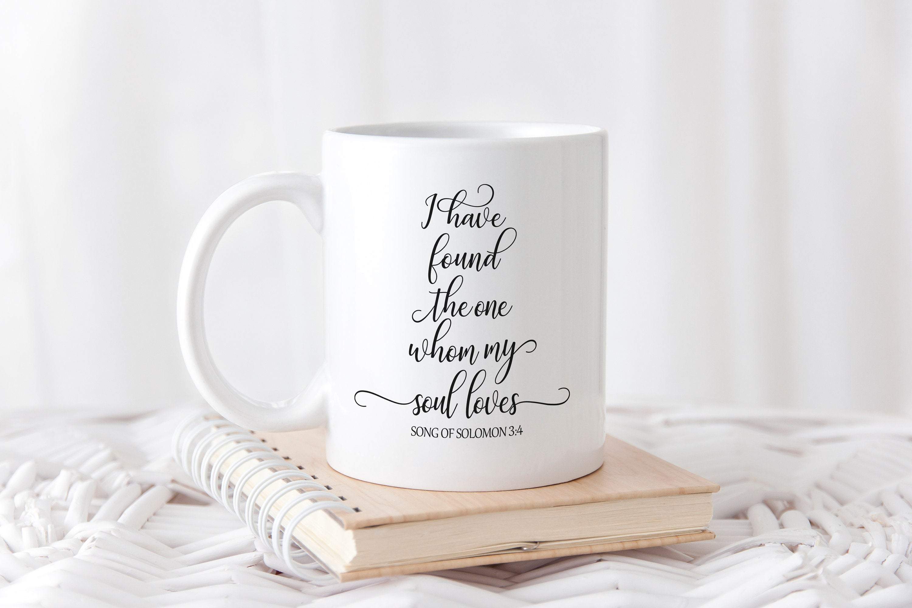 Personalized coffee mug with the phrase 'I have found the one whom my soul loves', featuring a customizable name on the back.