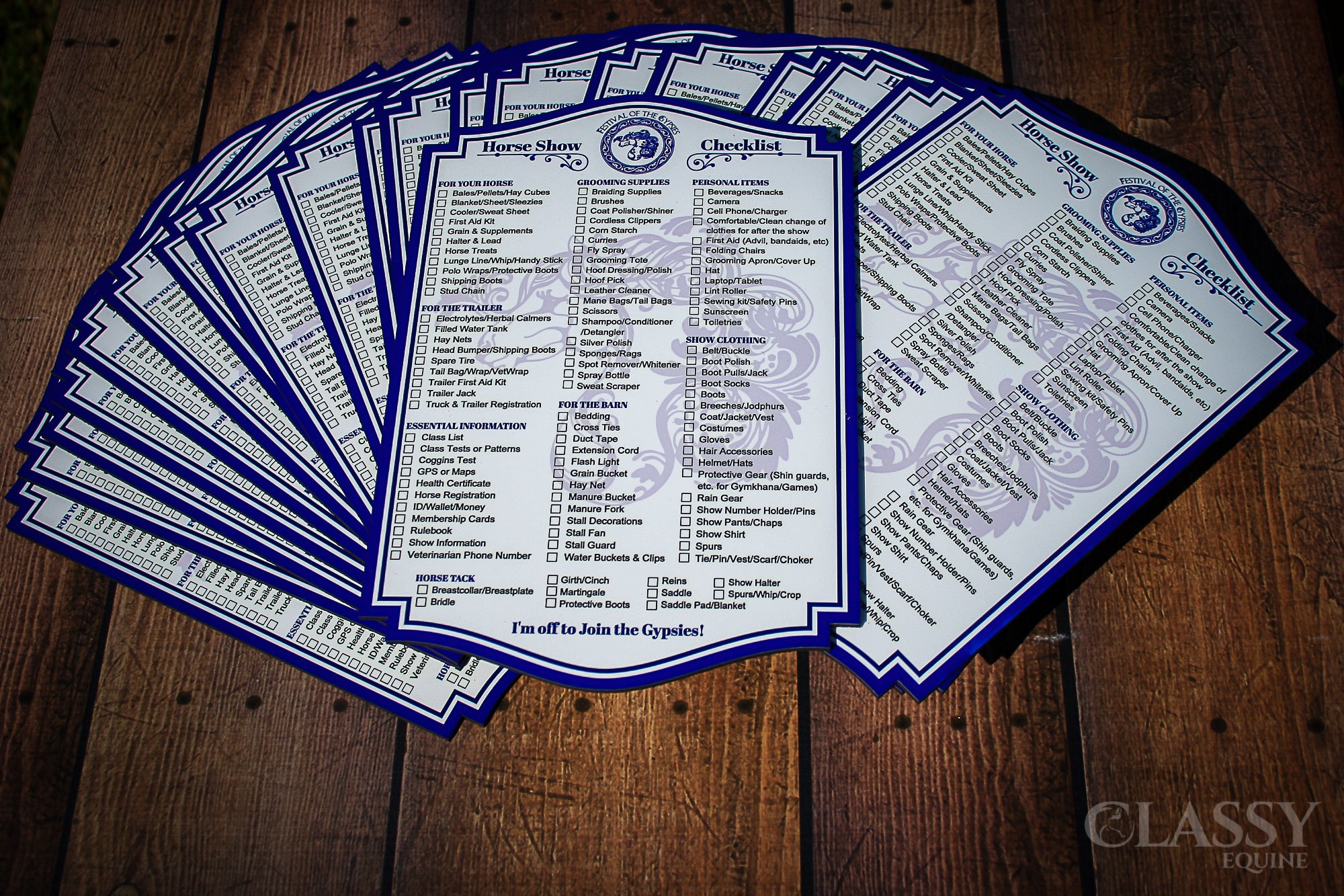 Personalized dry erase horse show checklist board with customizable options for names and logos, ideal for packing organization.