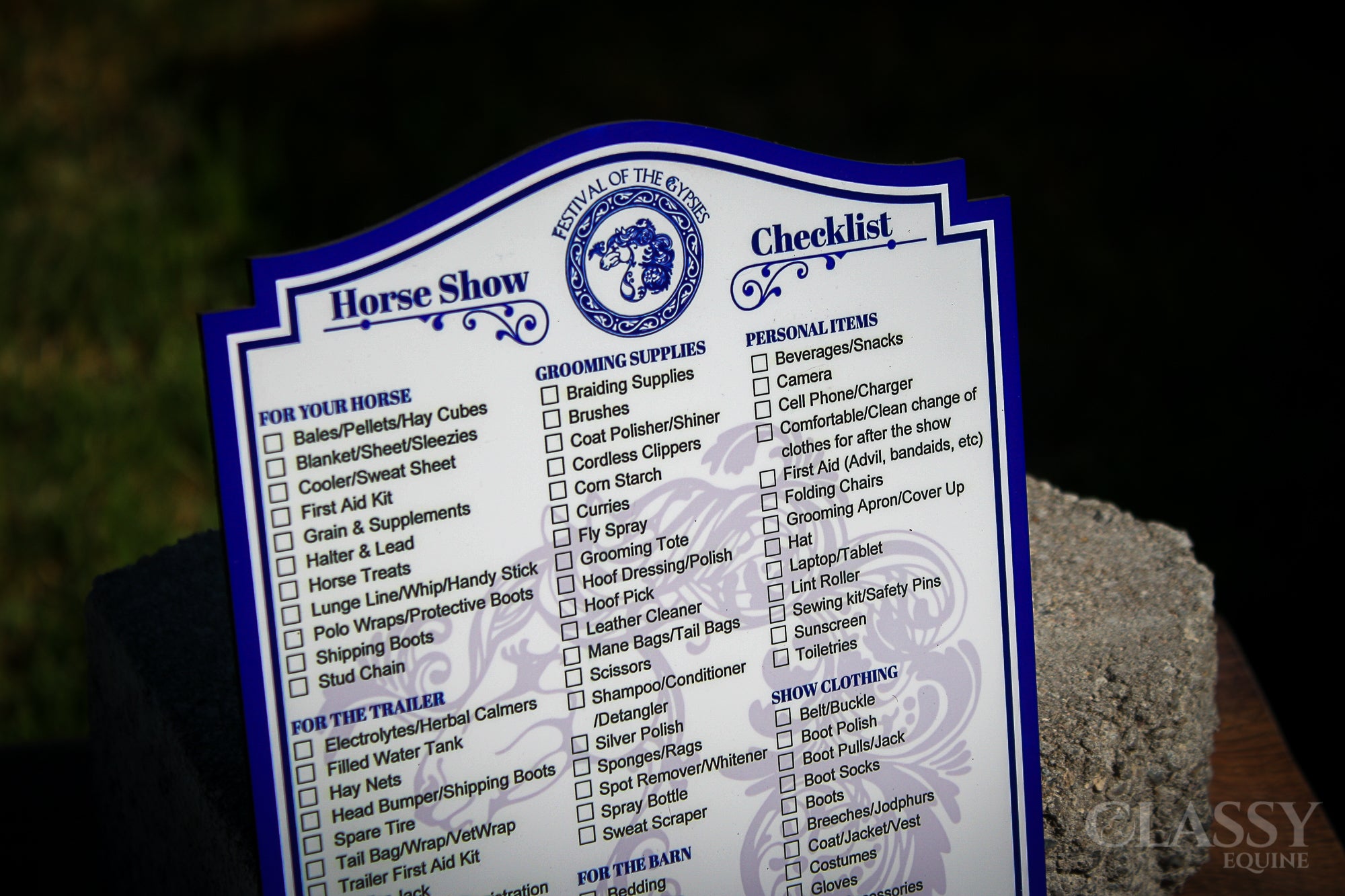 Personalized dry erase horse show checklist board with customizable options for names and logos, ideal for packing organization.