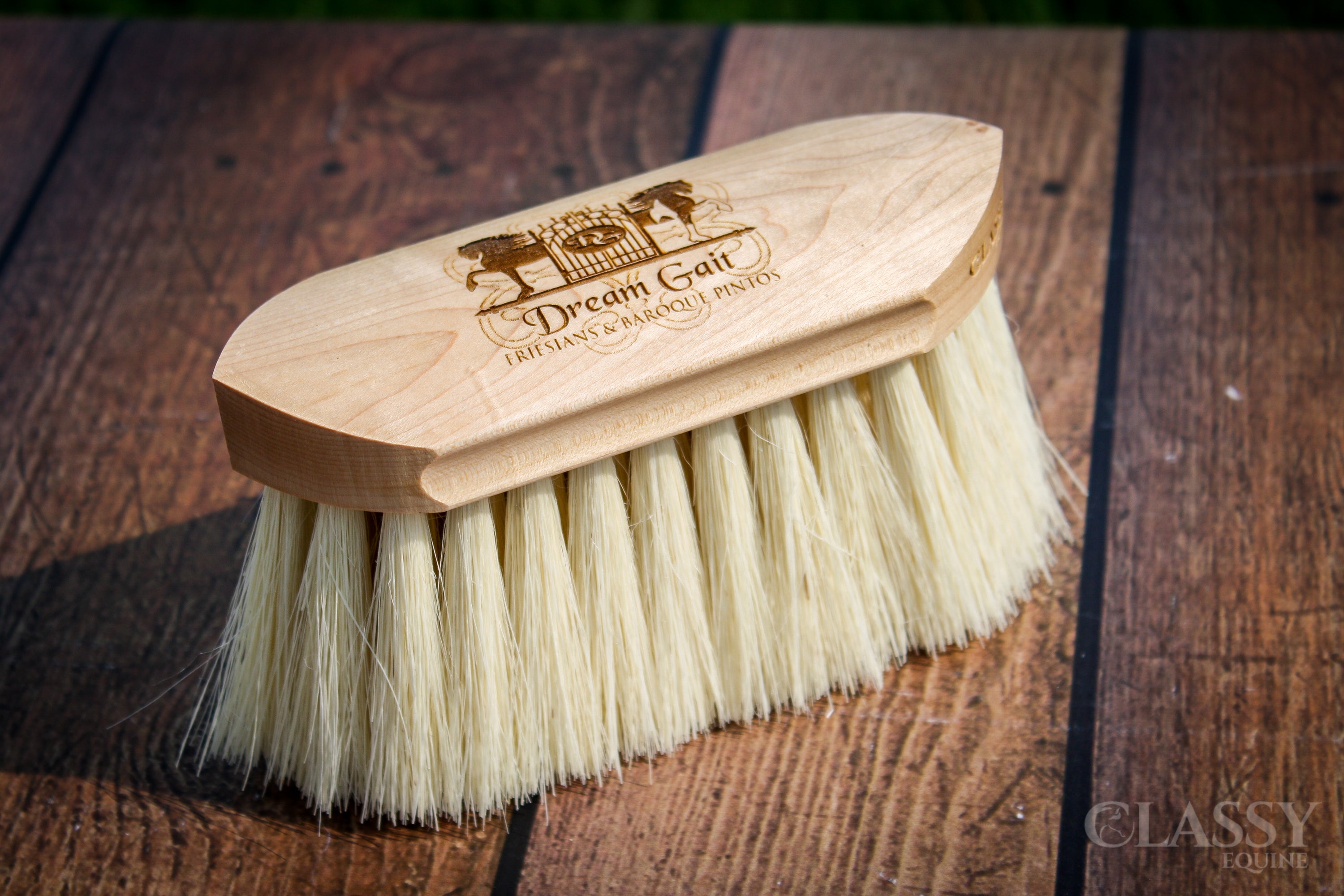 Personalized Flick Horse Grooming Brush with multi-diameter Tampico bristles and varnished wood back, ideal for effective grooming.