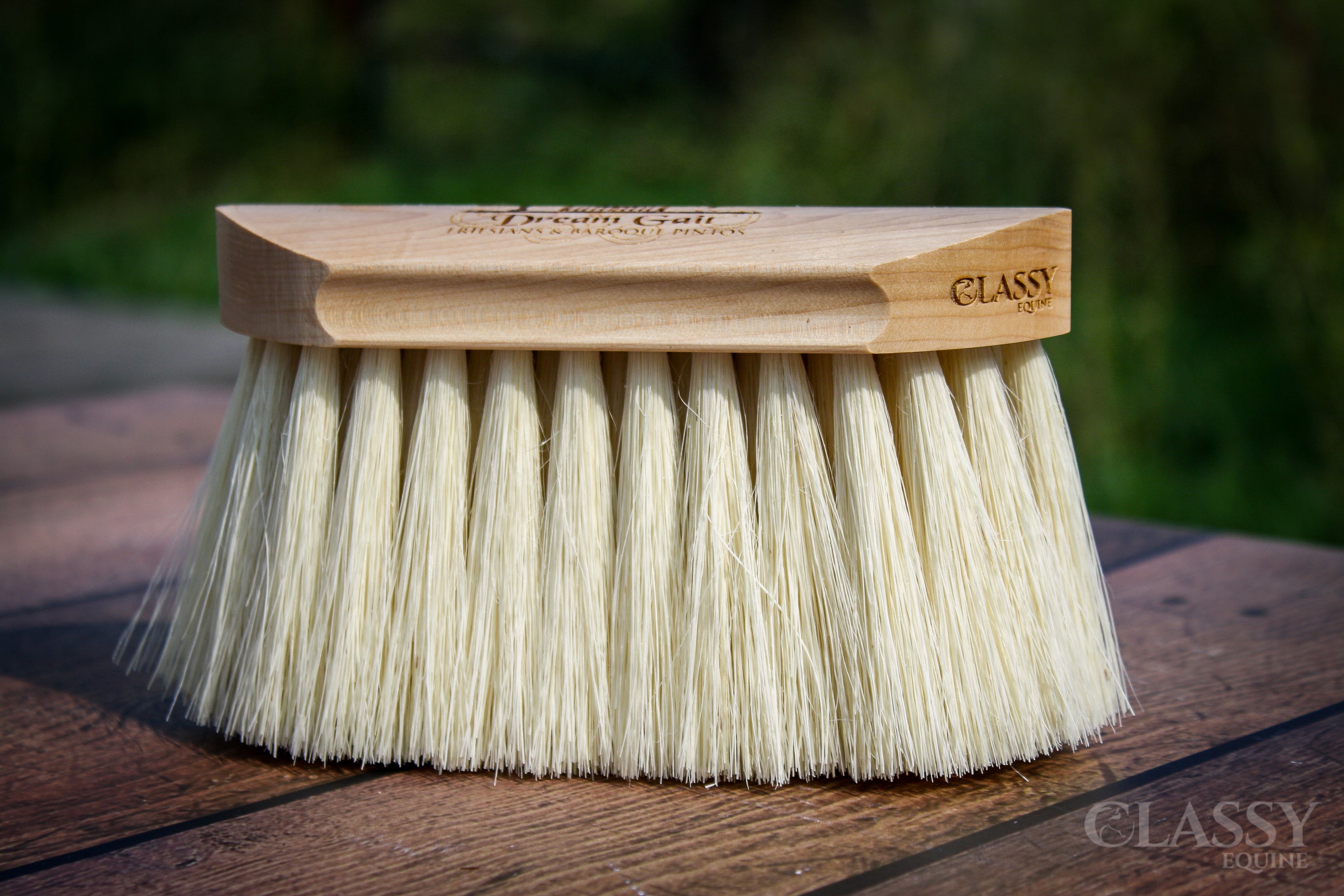 Personalized Flick Horse Grooming Brush with multi-diameter Tampico bristles and varnished wood back, ideal for effective grooming.