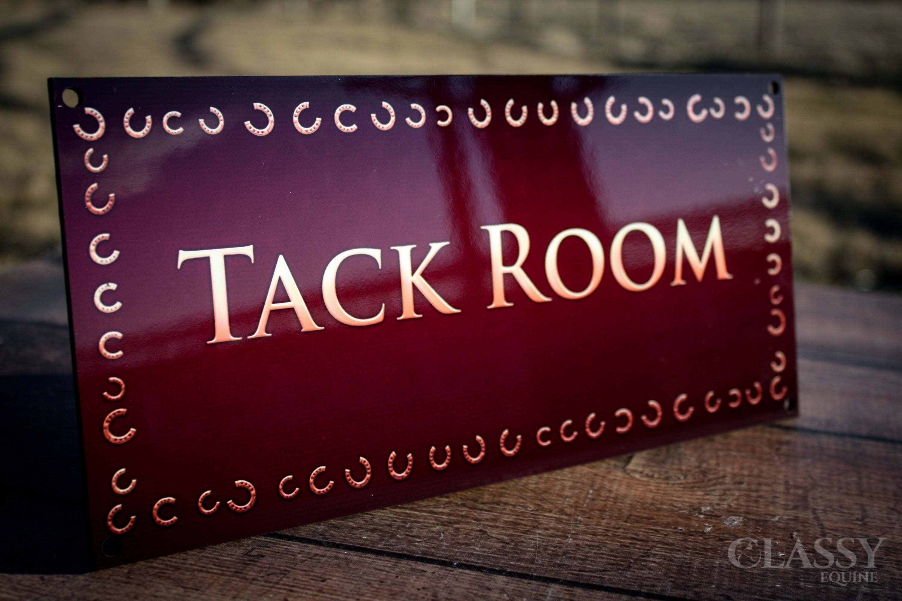 Personalized horse stall plaque with glossy finish, customizable colors and graphics, perfect for stalls and paddocks.