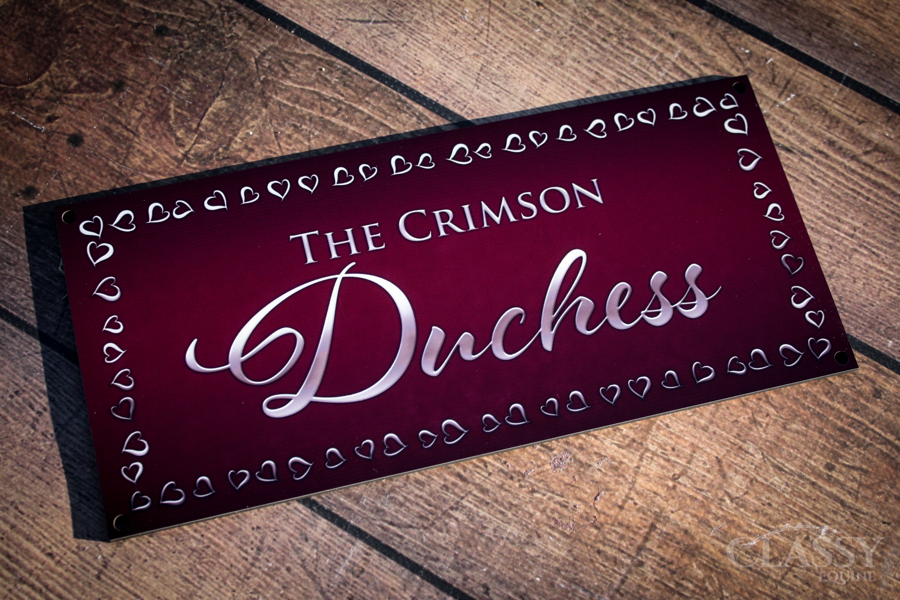 Personalized horse stall plaque with glossy finish, customizable colors and graphics, perfect for stalls and paddocks.