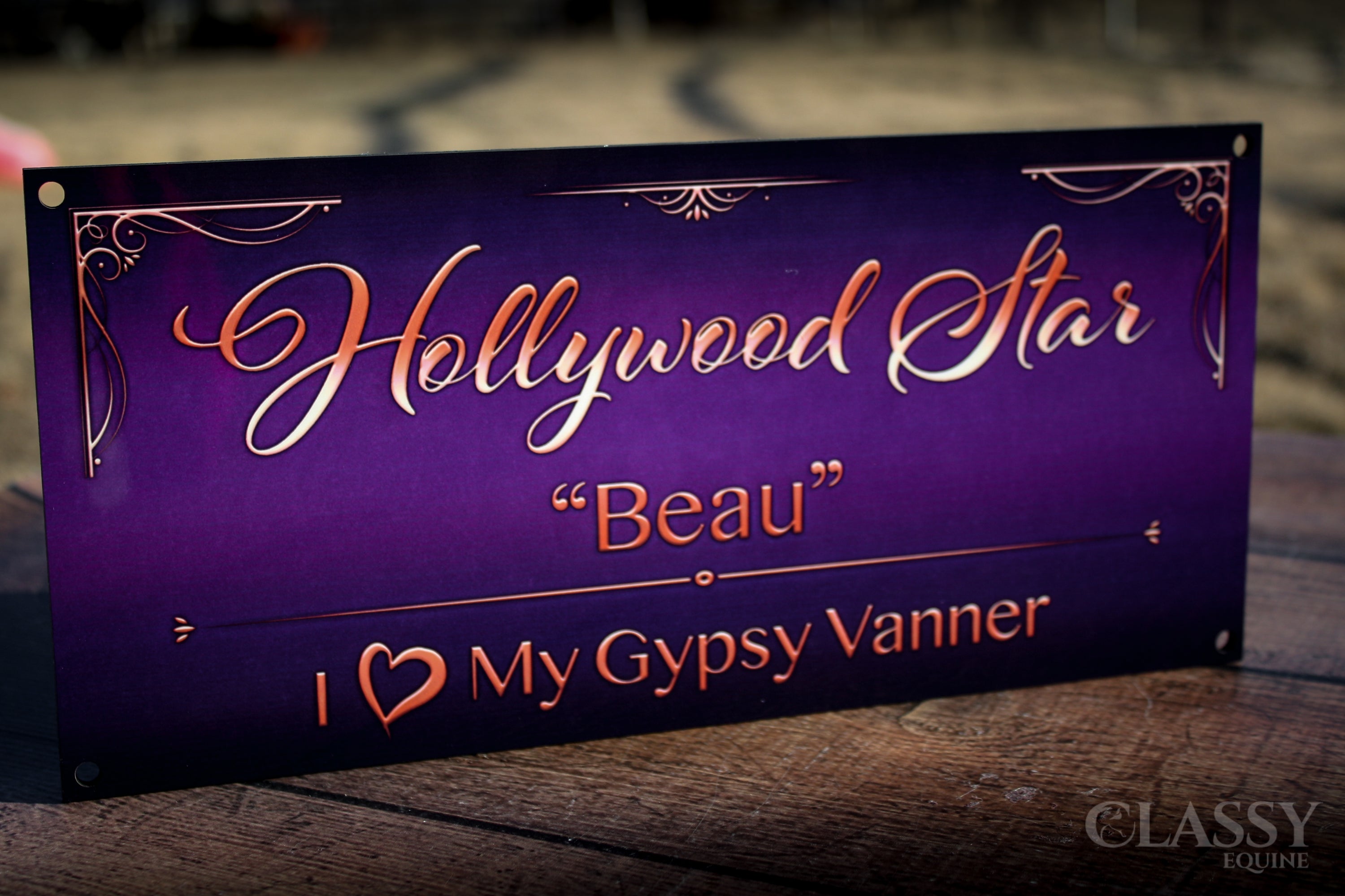 Personalized horse stall plaque with glossy finish, customizable colors and graphics, perfect for stalls and paddocks.