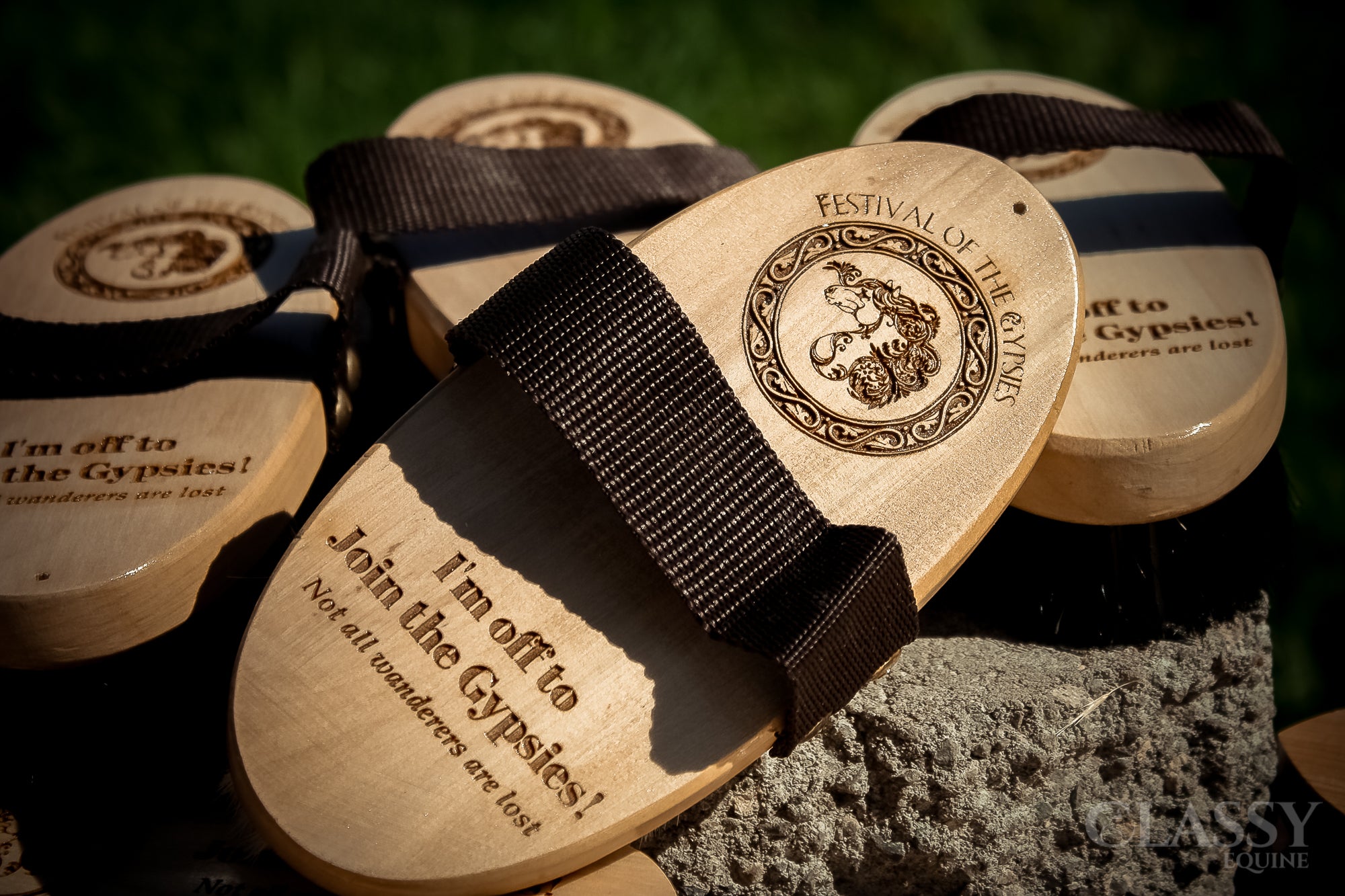 Personalized oval goat hair body brush with a varnished wood back and nylon strap, ideal for horse grooming.