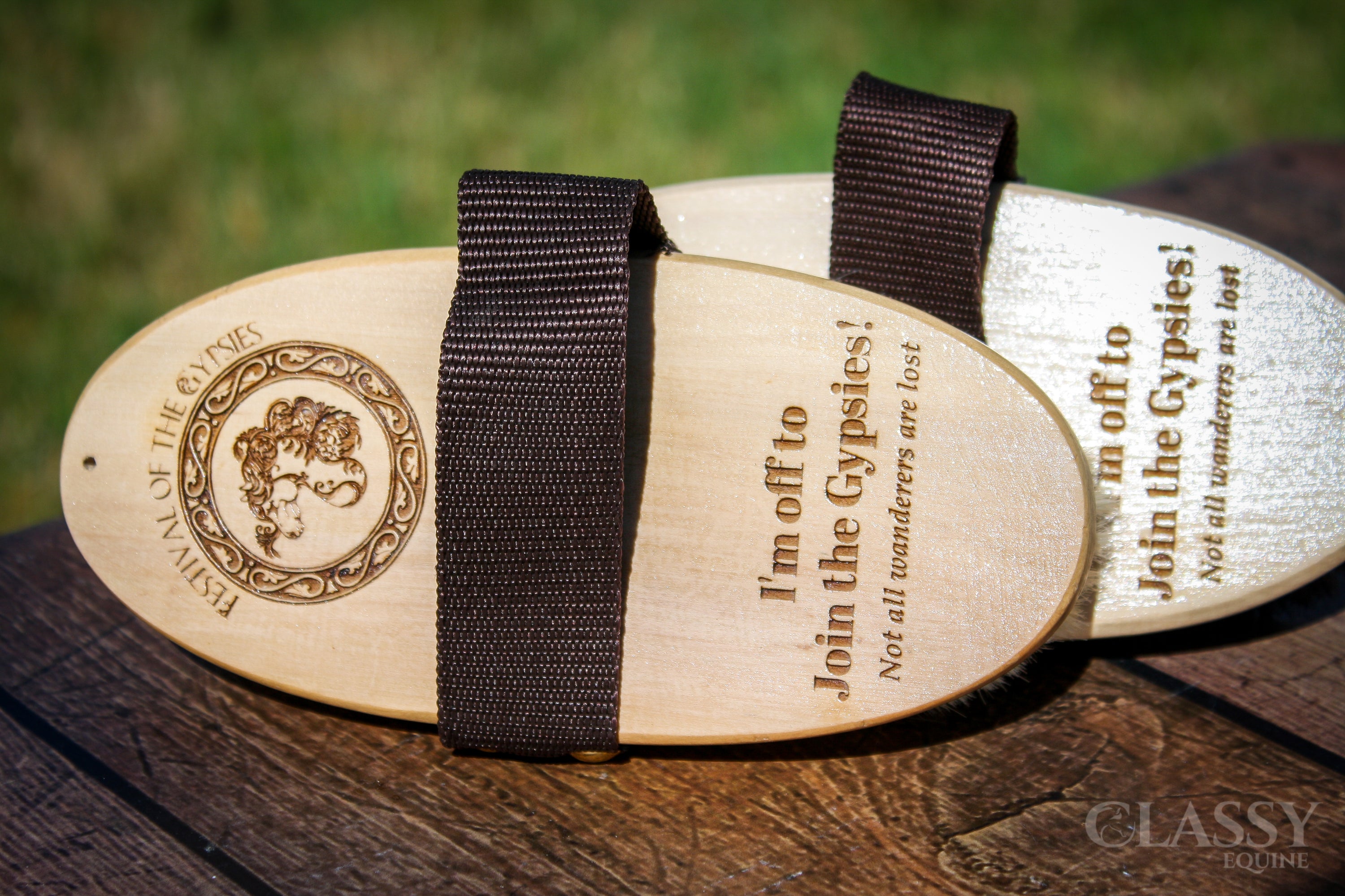 Personalized oval goat hair body brush with a varnished wood back and nylon strap, ideal for horse grooming.
