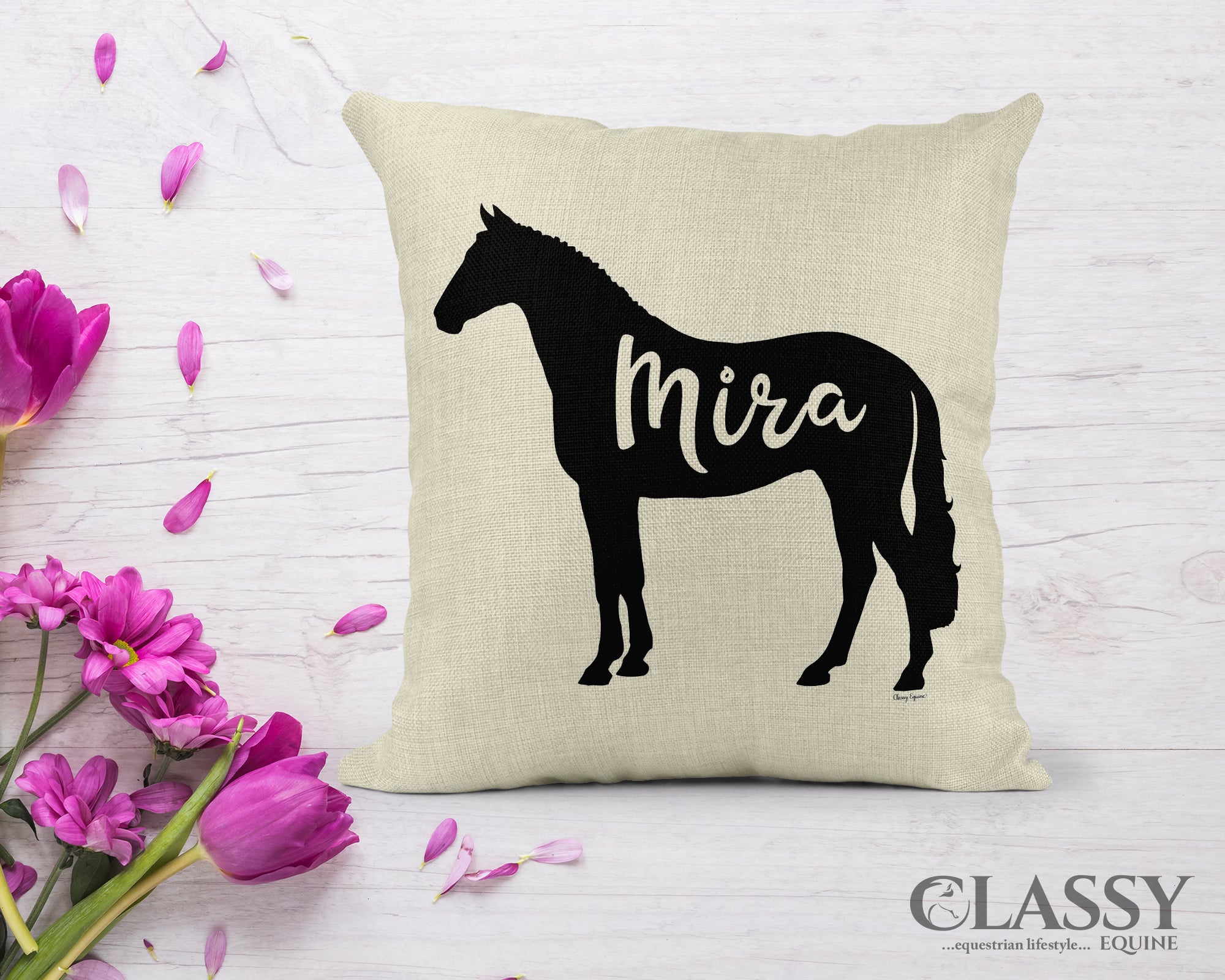 Personalized Sport Horse Pillow Cover with a horse silhouette and customizable name, made from faux burlap.