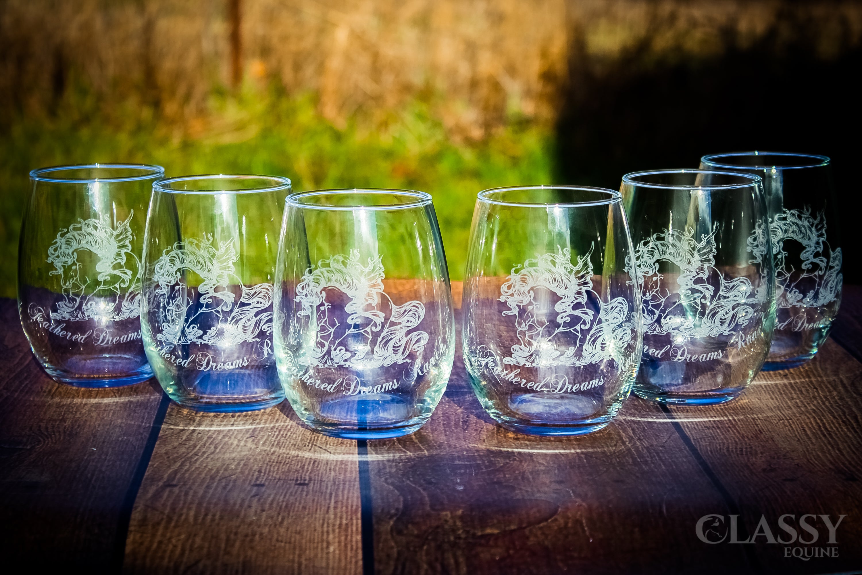 A set of two elegant personalized stemless wine glasses, showcasing custom engravings and a modern design, perfect for any occasion.