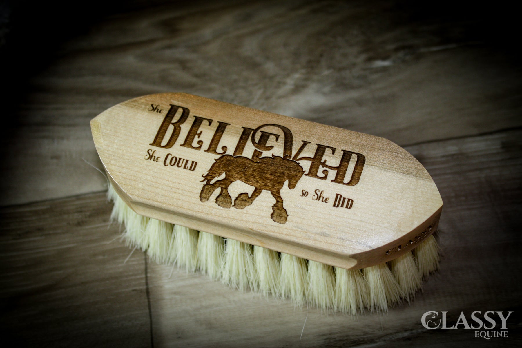 Personalized Union Center Tampico Border Horse Grooming Brush with dual fiber design, featuring a soft tampico border and stiff union fiber center.
