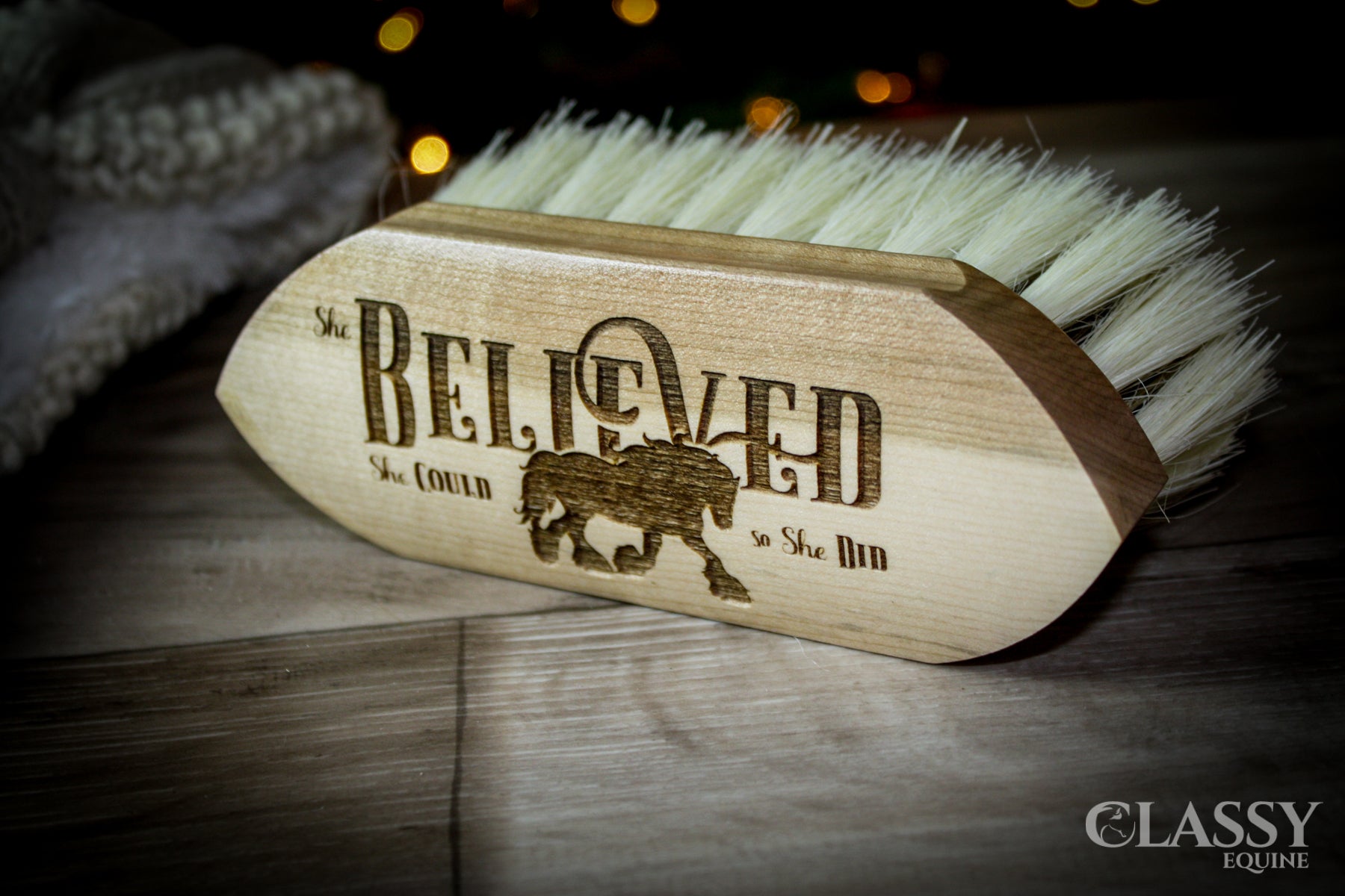Personalized Union Center Tampico Border Horse Grooming Brush with dual fiber design, featuring a soft tampico border and stiff union fiber center.