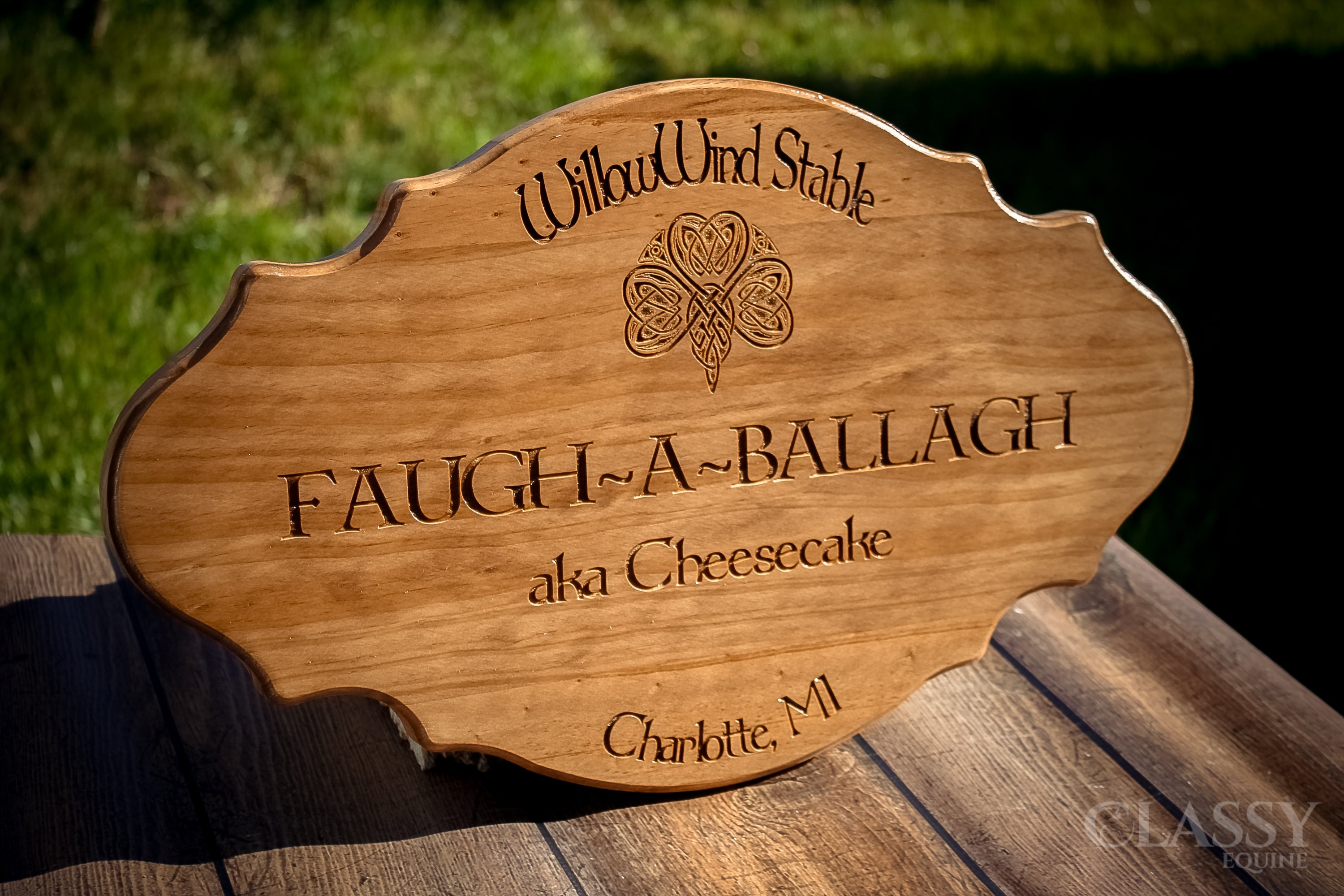 Personalized wooden stall door plaque in French provincial style, featuring custom engraving for horse's name and farm logo.