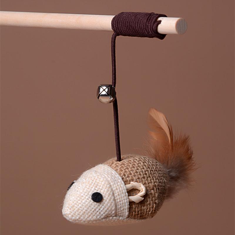 Wooden cat tease stick with bird feather design, perfect for interactive play.