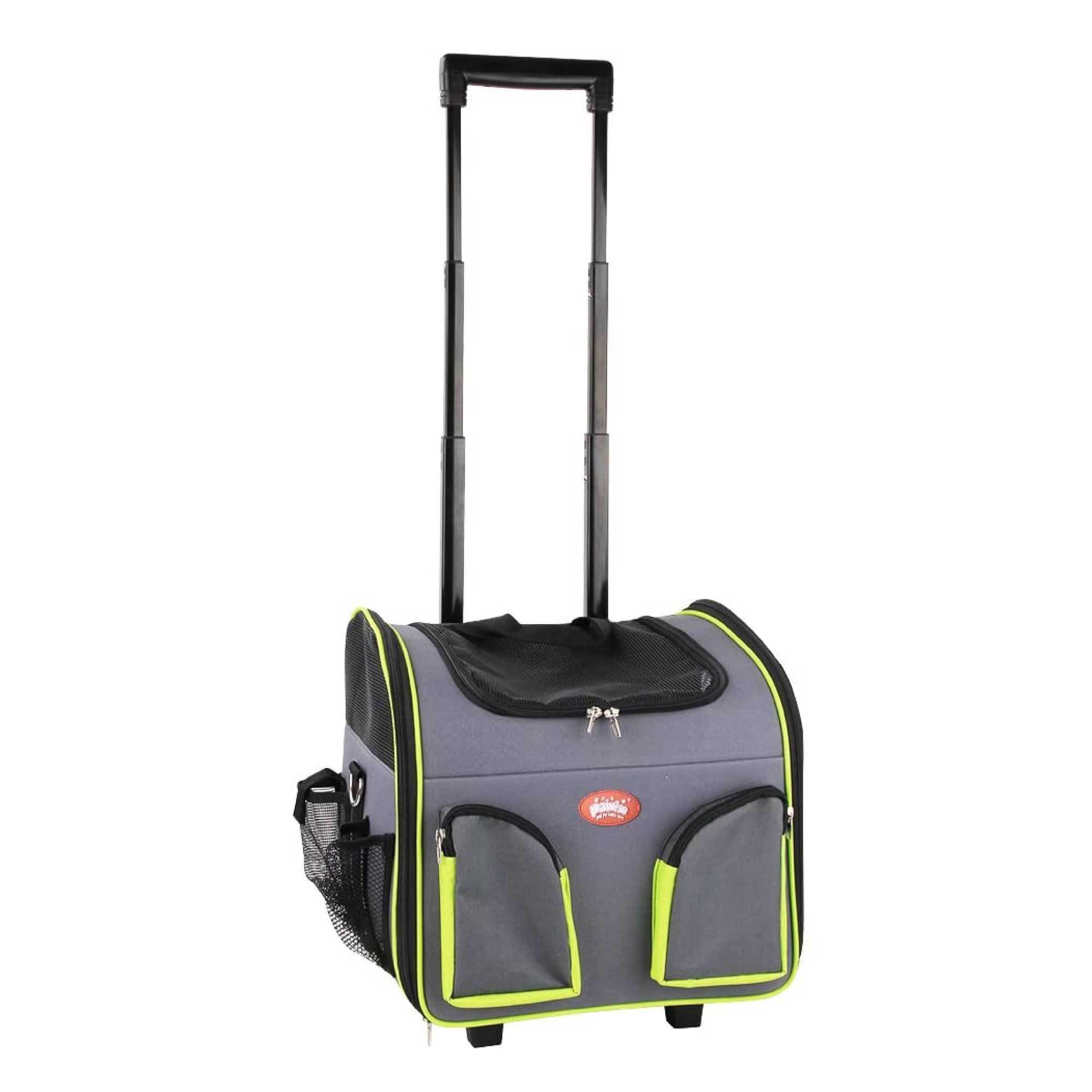 Pet Trolley Dog Cat Puppy Travel Wheeled Cart in grey and black with green trimming, featuring mesh windows and a soft fleece mat.