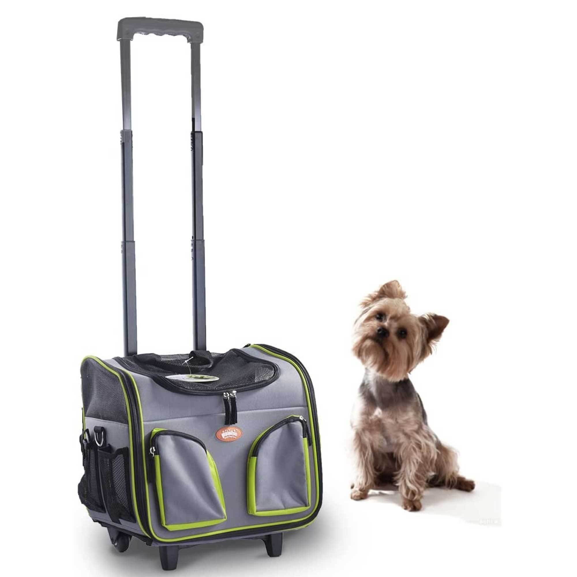 Pet Trolley Dog Cat Puppy Travel Wheeled Cart in grey and black with green trimming, featuring mesh windows and a soft fleece mat.