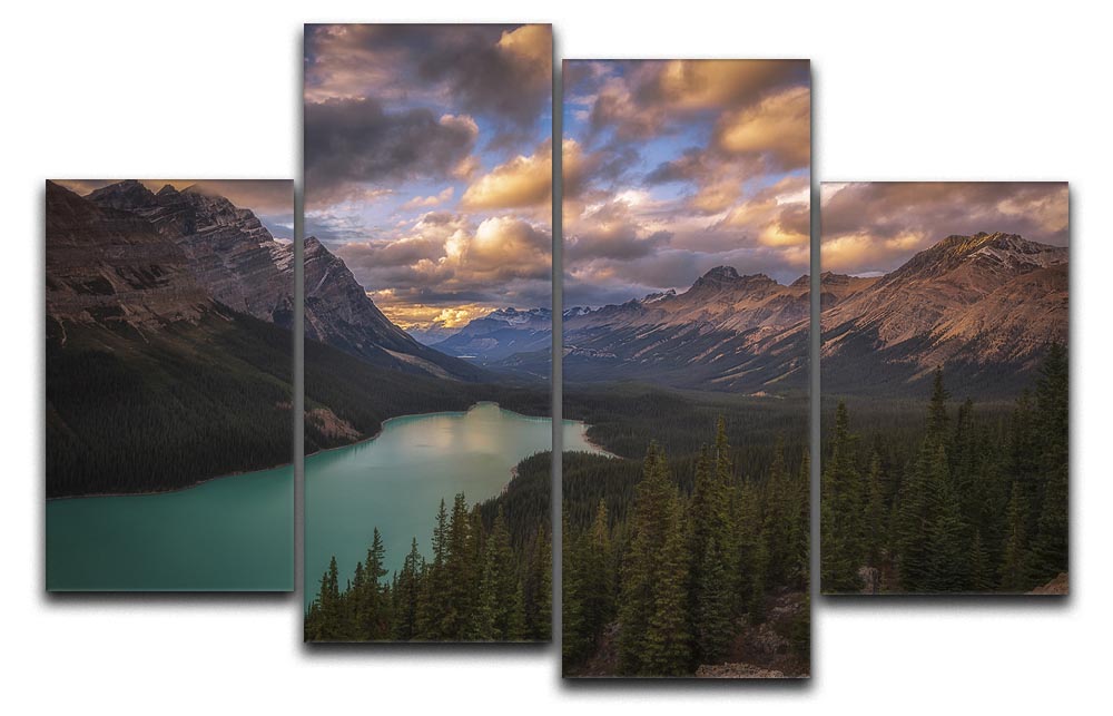 A stunning 4-panel canvas artwork depicting Peyto Lake at dusk, showcasing vibrant colors and serene landscapes.