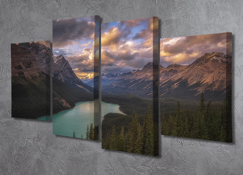 A stunning 4-panel canvas artwork depicting Peyto Lake at dusk, showcasing vibrant colors and serene landscapes.