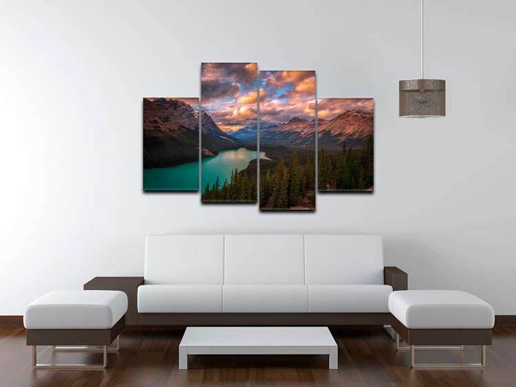 A stunning 4-panel canvas artwork depicting Peyto Lake at dusk, showcasing vibrant colors and serene landscapes.