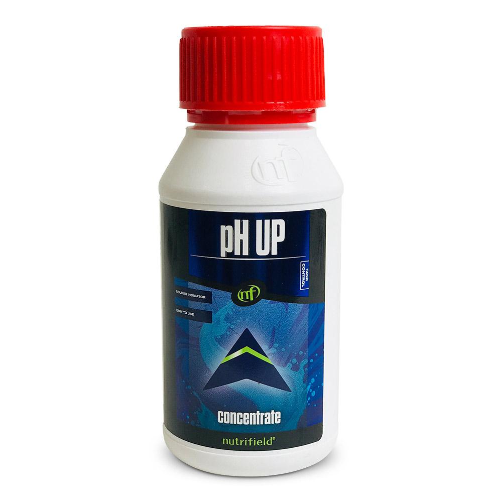 250ml bottle of Nutrifield pH Up Concentrate for hydroponic gardening, featuring a clear label and a secure cap.