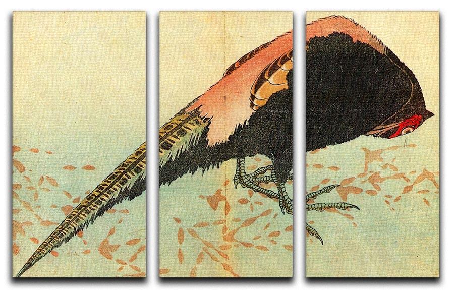 Three-panel canvas print featuring Hokusai's Pheasant on the Snow artwork, showcasing vibrant colors and intricate details.